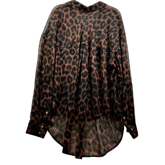FREE PEOPLE Sheer Leopard Animal Print Button-Up High-Low Long Sleeve Blouse L - Picture 2 of 8